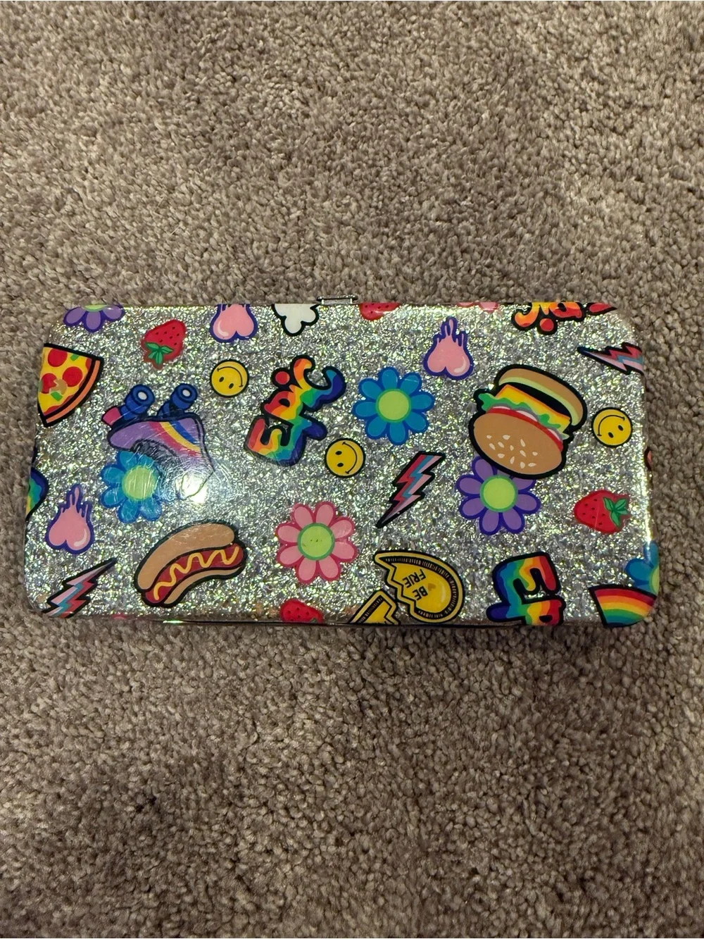 Claire's Silver Glitter Sticker Pencil Case with Rainbow Icons